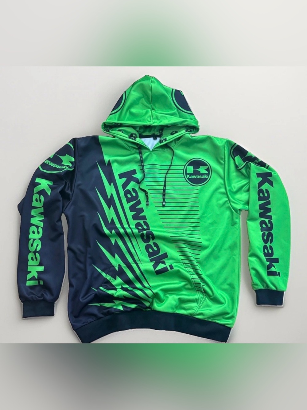 Rare Kawasaki Hoodie Size Large Racing Motorcycle Merch Idol Green Black AOP